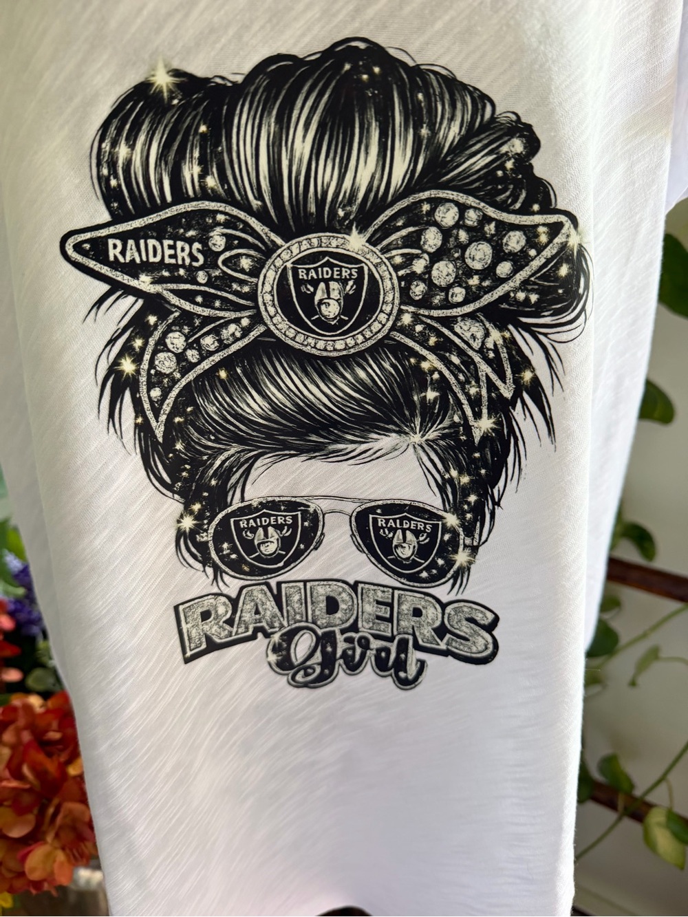 White V-Neck Raiders Girl Tee with Black Print